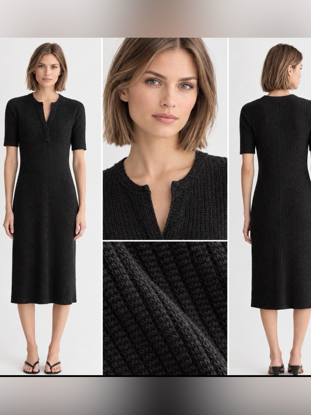 EVERLANE - women’s The Rib Knit Henley Midi Dress Shorts Sleeve Dark grey Size L